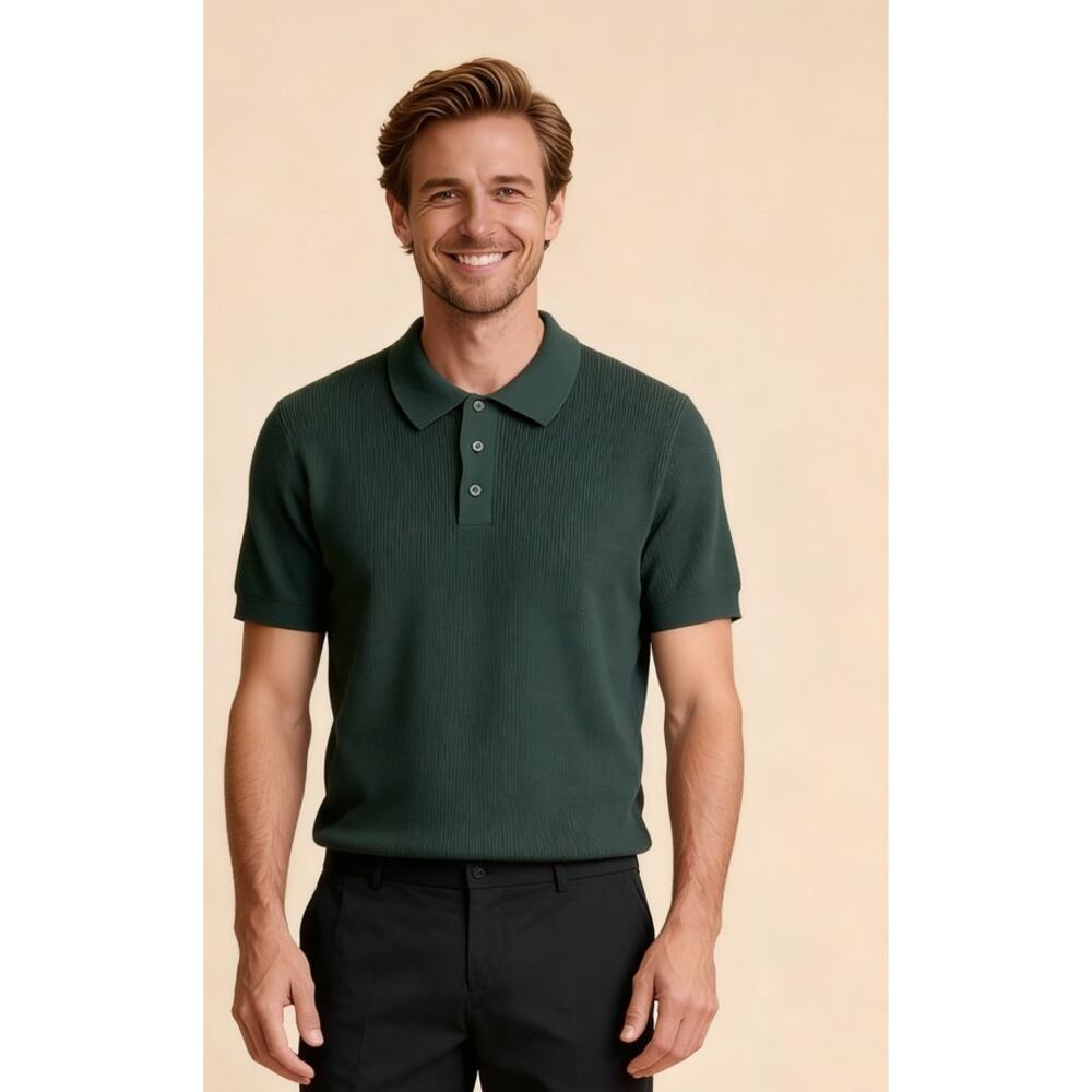 DKNY Men’s Knit Polo Shirt Green Short Sleeve Textured Sweater Polo Size Large